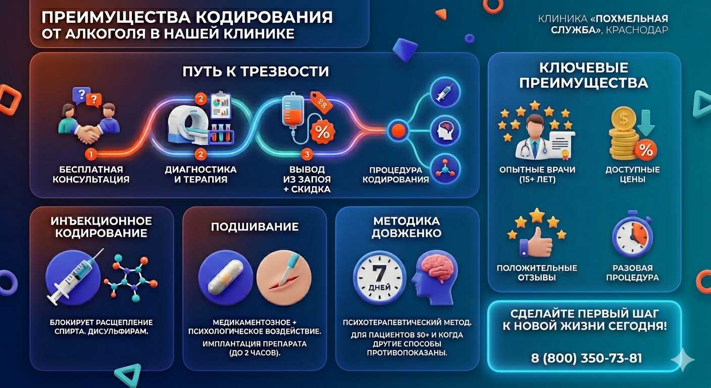 Инфографика о методах кодирования от алкоголя в Белых Берегах: инъекции, подшивание, метод Довженко. Преимущества клиники и этапы лечения.