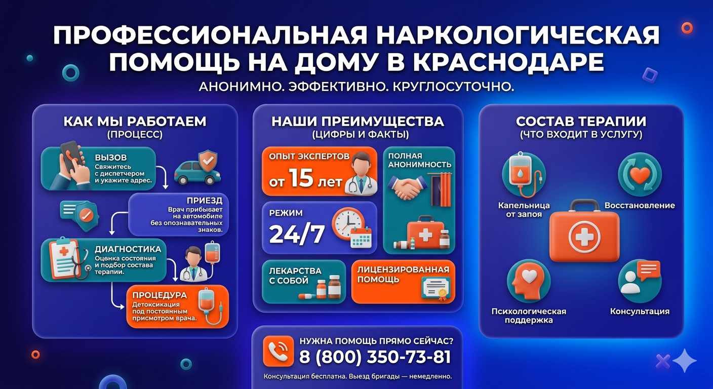 Инфографика о принципах лечения алкоголизма на дому в Белых Берегах: этапы вызова нарколога, преимущества анонимной детоксикации и состав медицинской помощи.